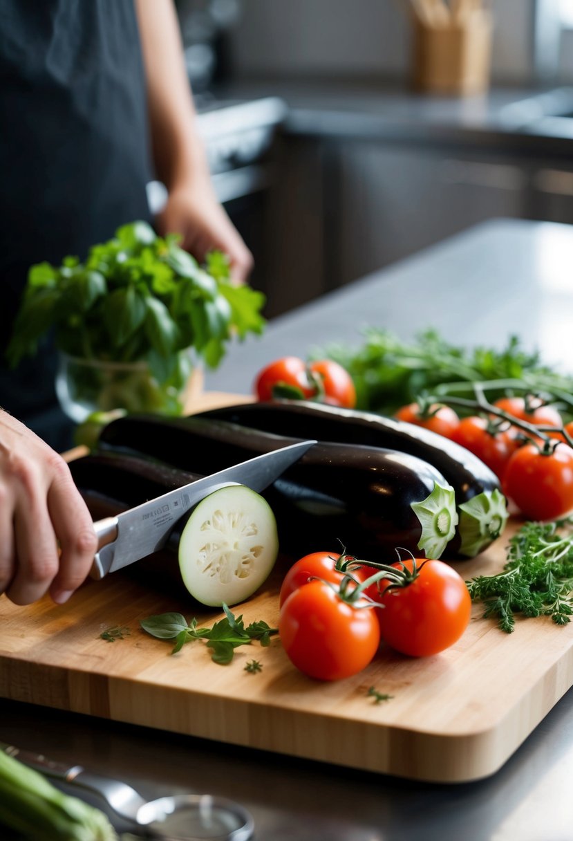 A cutting board with fresh aubergines, tomatoes, and herbs. A chef's knife slices through the aubergine