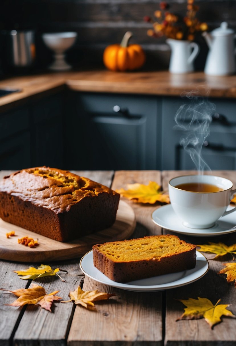 A rustic kitchen with a wooden table, a loaf of pumpkin bread, a scattering of autumn leaves, and a steaming cup of tea