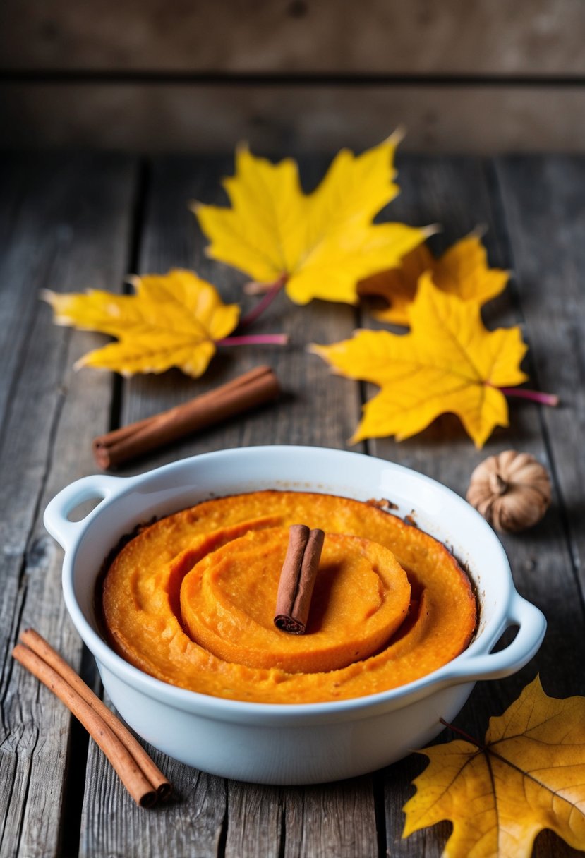 A rustic kitchen table with a golden-brown sweet potato casserole surrounded by autumn leaves and a cinnamon stick