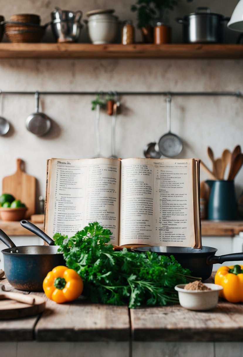 A rustic kitchen with fresh ingredients, vintage cookware, and a worn recipe book open to a well-loved page