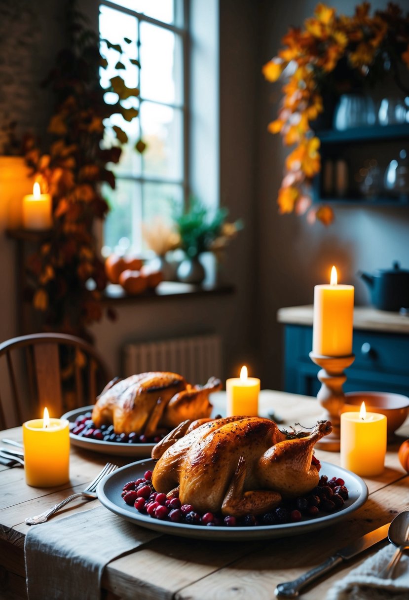 A rustic kitchen table set with cranberry roasted chicken, surrounded by autumn foliage and warm candlelight