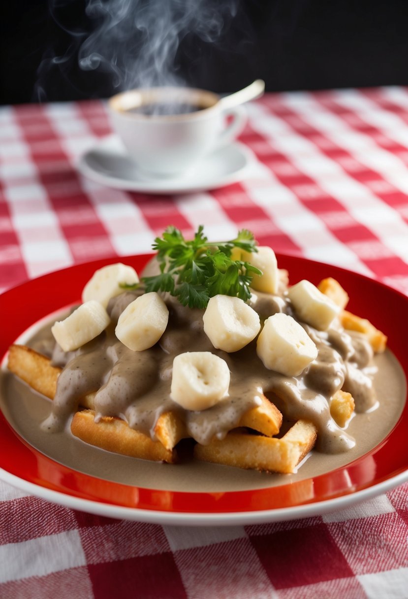 A steaming plate of poutine topped with cheese curds and gravy on a checkered tablecloth