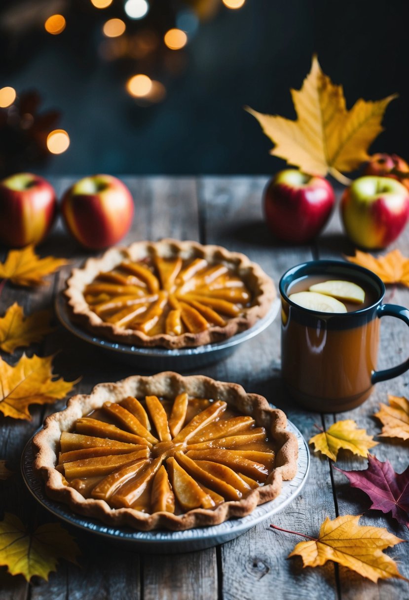 A rustic kitchen table with a freshly baked caramel apple pie, surrounded by autumn leaves and a warm mug of cider