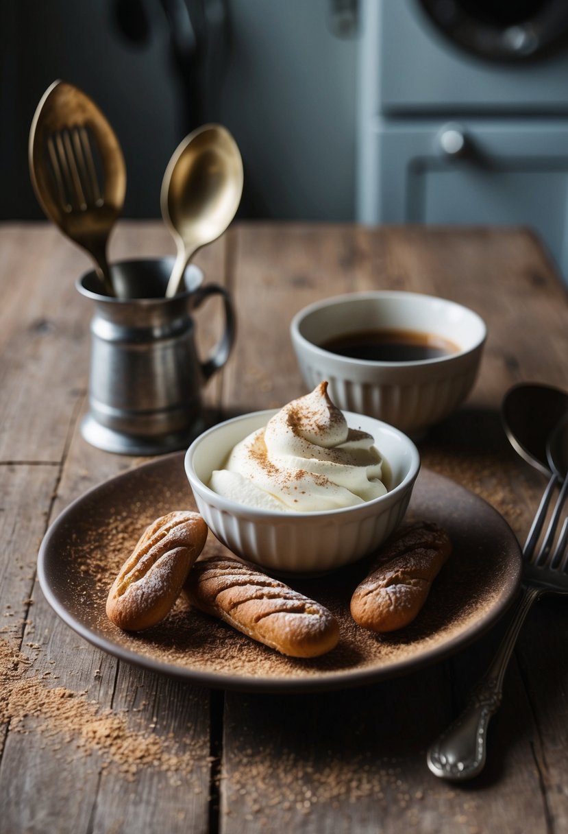 A rustic kitchen with vintage utensils, a bowl of mascarpone cheese, espresso-soaked ladyfingers, and a dusting of cocoa powder