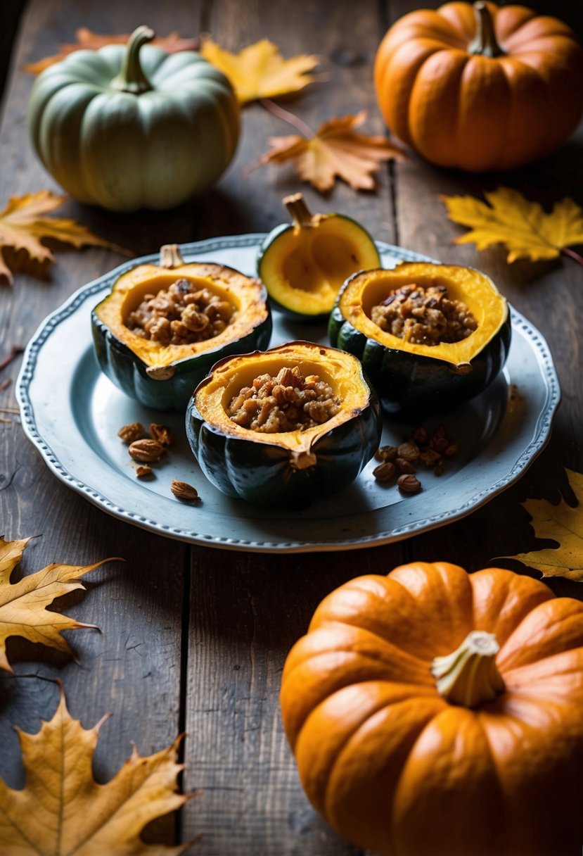 A rustic wooden table with a platter of roasted stuffed acorn squash, surrounded by autumn leaves and a warm, cozy atmosphere