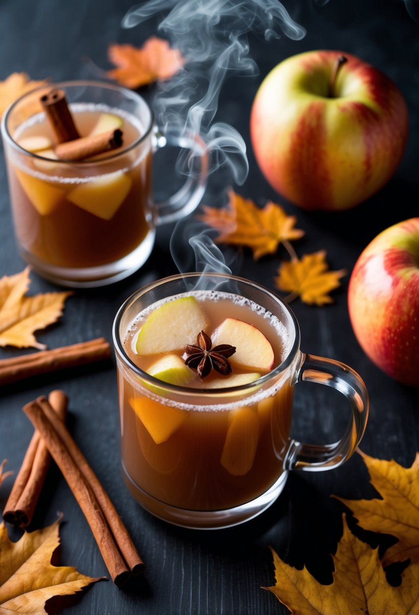 A steaming mug of spiced apple cider surrounded by cinnamon sticks and fall leaves