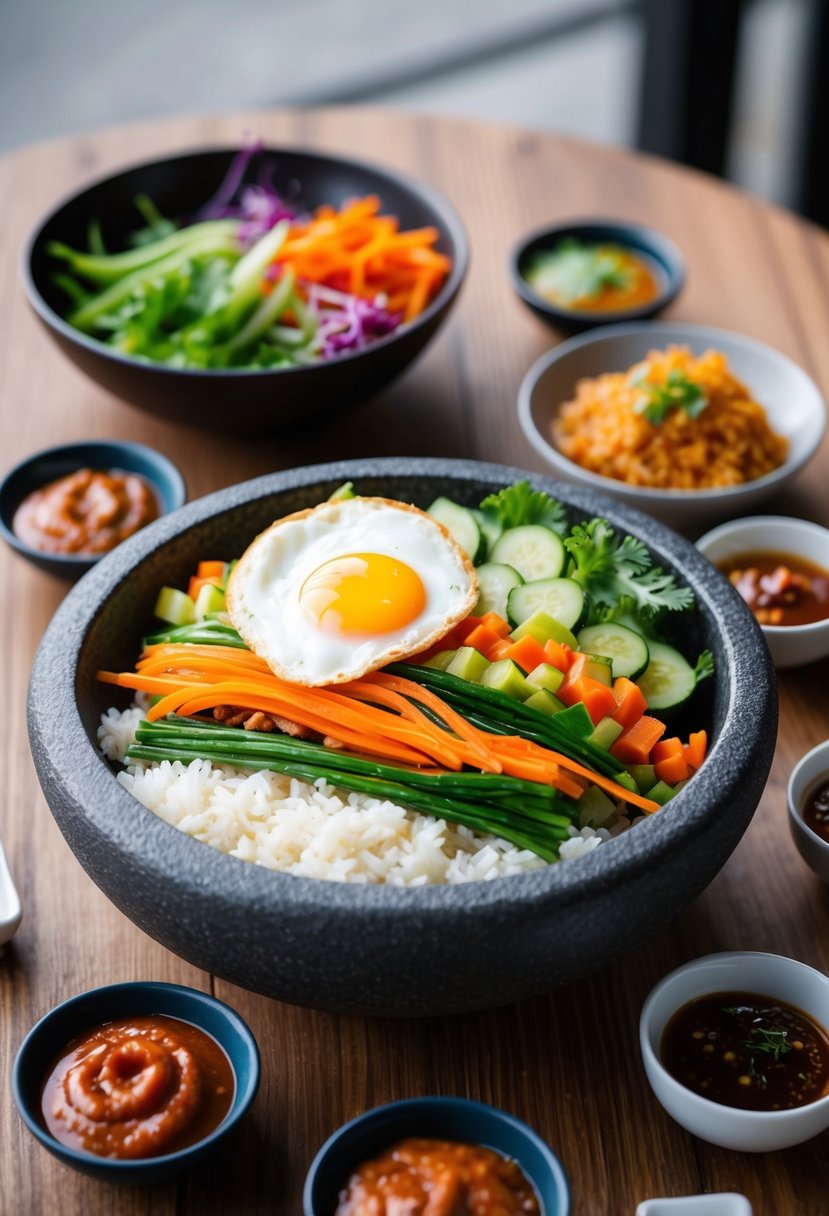 A wooden table set with a stone bowl filled with colorful layers of vegetables, rice, and a fried egg, surrounded by small dishes of gochujang and other Korean condiments