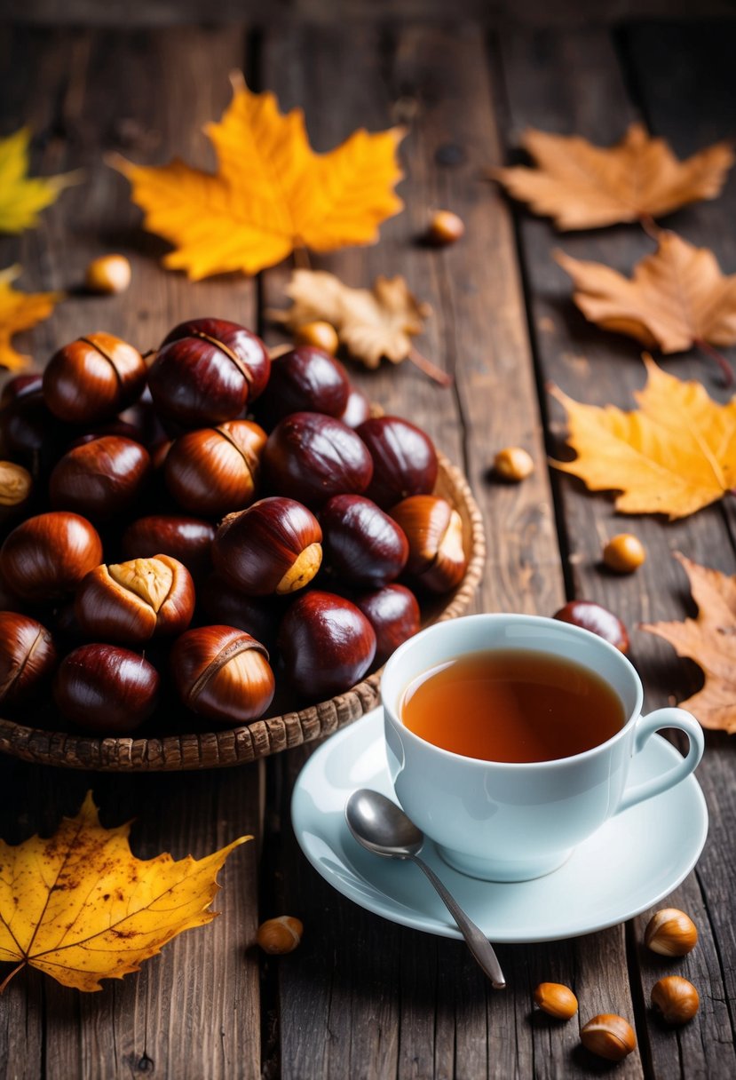 A rustic wooden table with a pile of roasted chestnuts, scattered autumn leaves, and a warm cup of tea