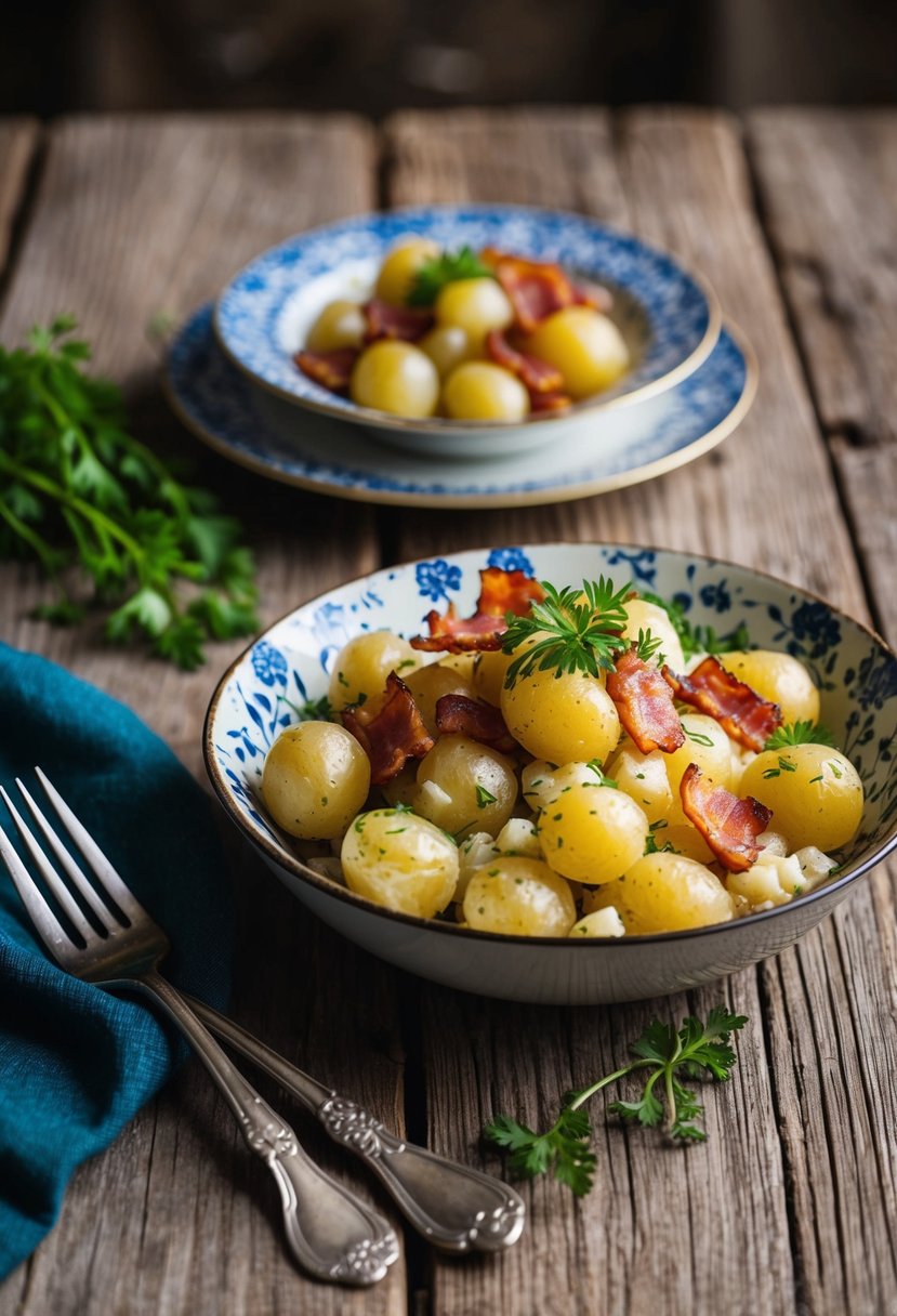 A rustic wooden table with a bowl of German Potato Salad, garnished with crispy bacon and fresh herbs, alongside a vintage ceramic plate and silver fork