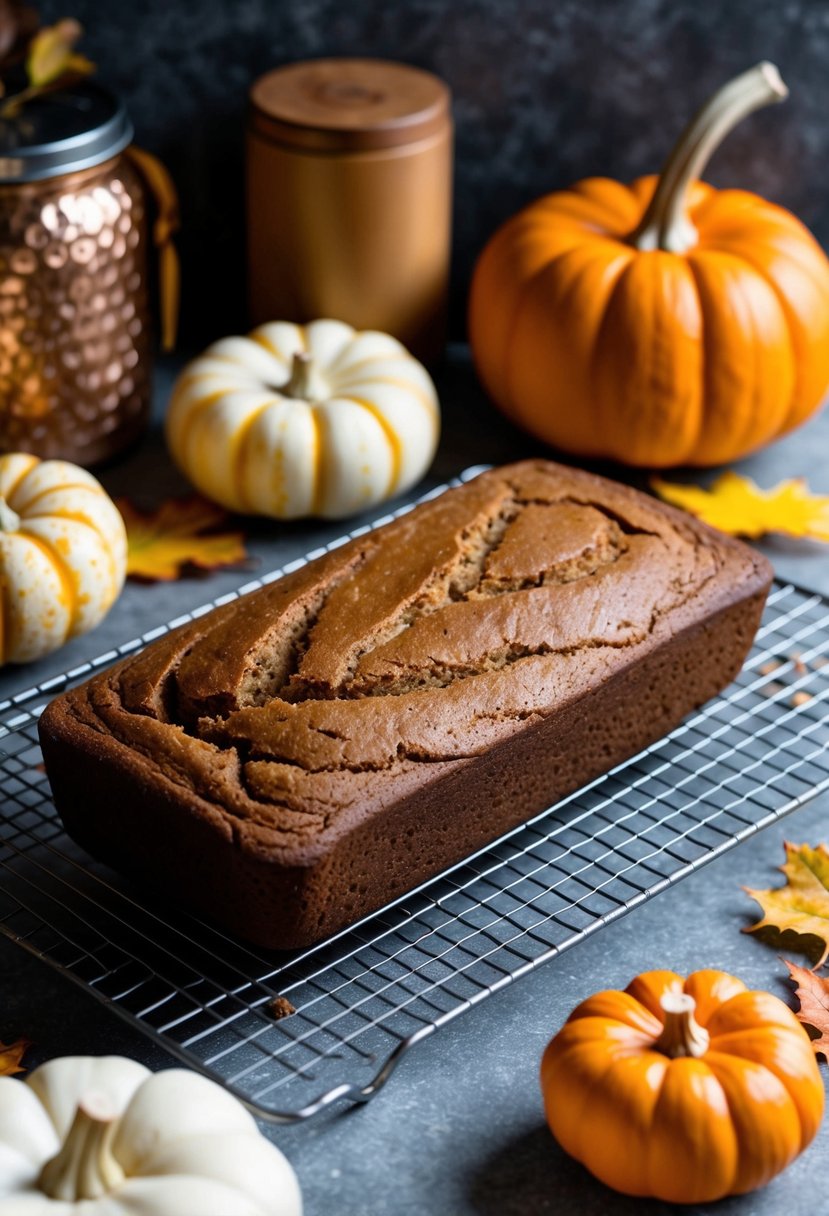 A cozy kitchen scene with a freshly baked gingerbread loaf cooling on a wire rack, surrounded by autumn decorations like pumpkins and fallen leaves