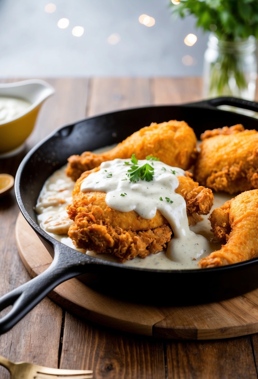 A cast iron skillet sizzles with golden brown Southern fried chicken smothered in creamy white gravy