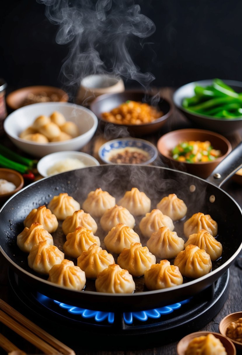 A sizzling hot pan filled with golden-brown Chinese Guotie Dumplings, steam rising, surrounded by traditional ingredients and cooking utensils