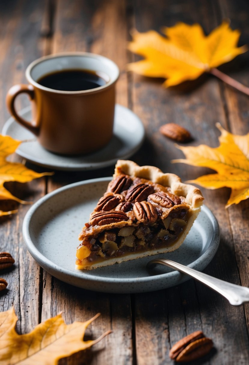 A slice of pecan pie on a rustic wooden table surrounded by autumn leaves and a warm mug of coffee