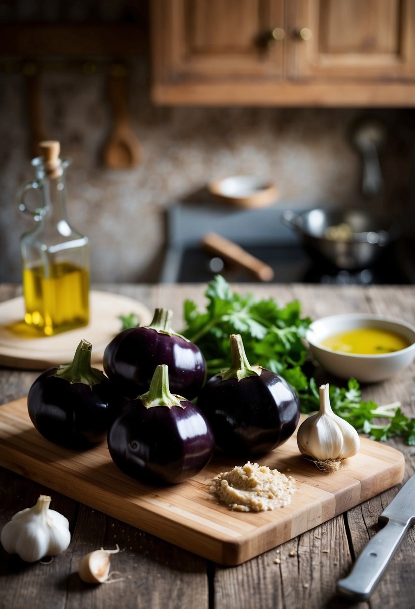 A rustic kitchen with a wooden cutting board, fresh aubergines, garlic, tahini, and olive oil laid out for making baba ganoush