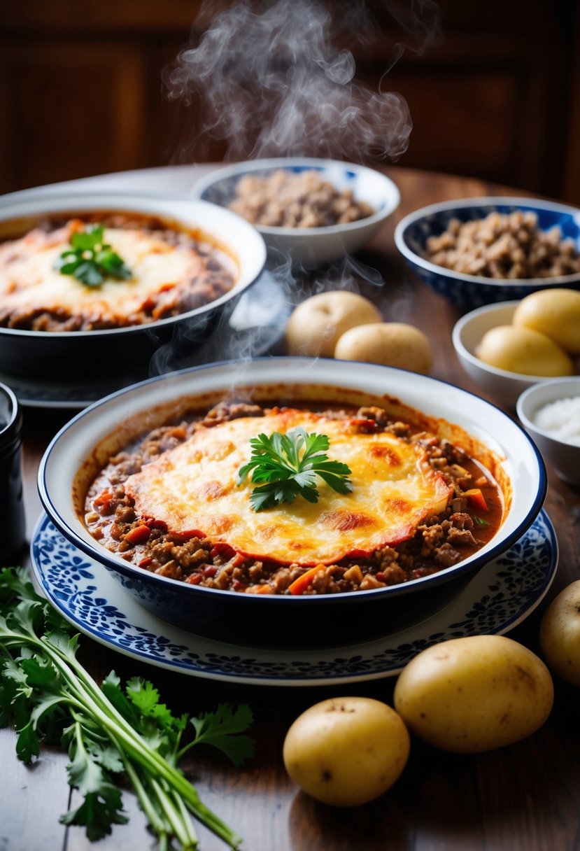 A table set with a steaming dish of traditional Greek moussaka, surrounded by fresh ingredients like eggplant, potatoes, and ground meat