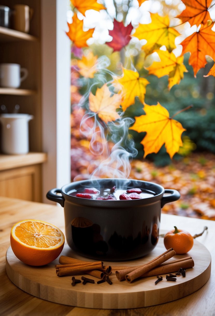 A cozy kitchen with a pot of steaming mulled wine, surrounded by cinnamon sticks, cloves, and oranges. Outside, colorful autumn leaves flutter in the breeze