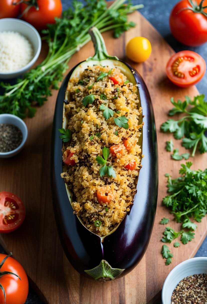 A whole aubergine stuffed with quinoa, surrounded by fresh ingredients like tomatoes, herbs, and spices on a wooden cutting board