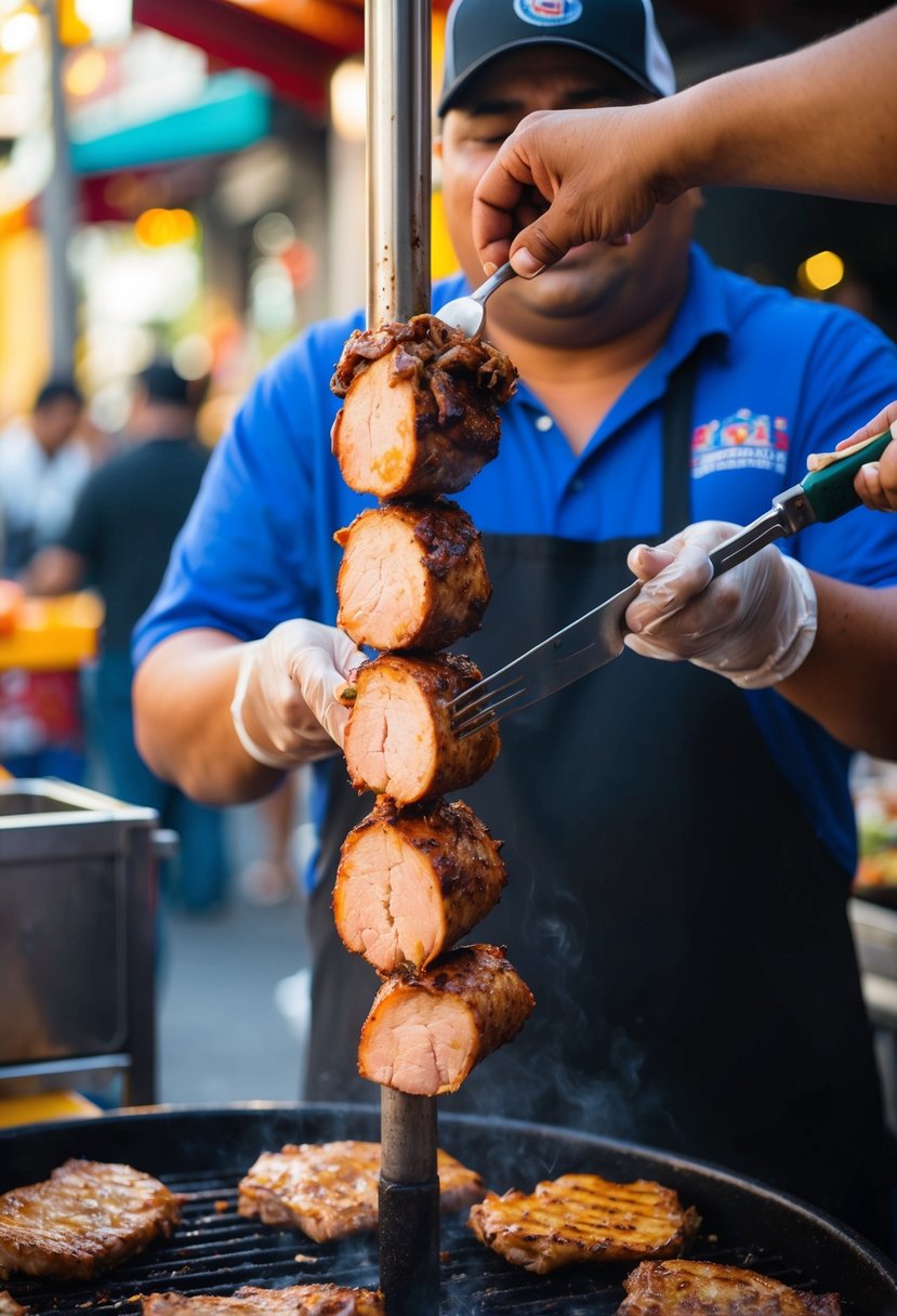 A street vendor grills marinated pork on a vertical spit, slicing off tender, flavorful meat for tacos al pastor. The air is filled with the aroma of spices and sizzling meat