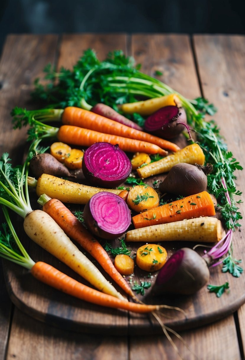 A rustic wooden table adorned with a colorful array of roasted root vegetables, including carrots, beets, and parsnips, with a sprinkling of fresh herbs