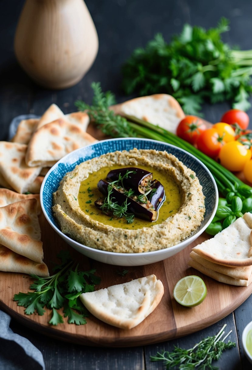 A bowl of smoky aubergine dip surrounded by pita bread, fresh vegetables, and herbs on a wooden serving board