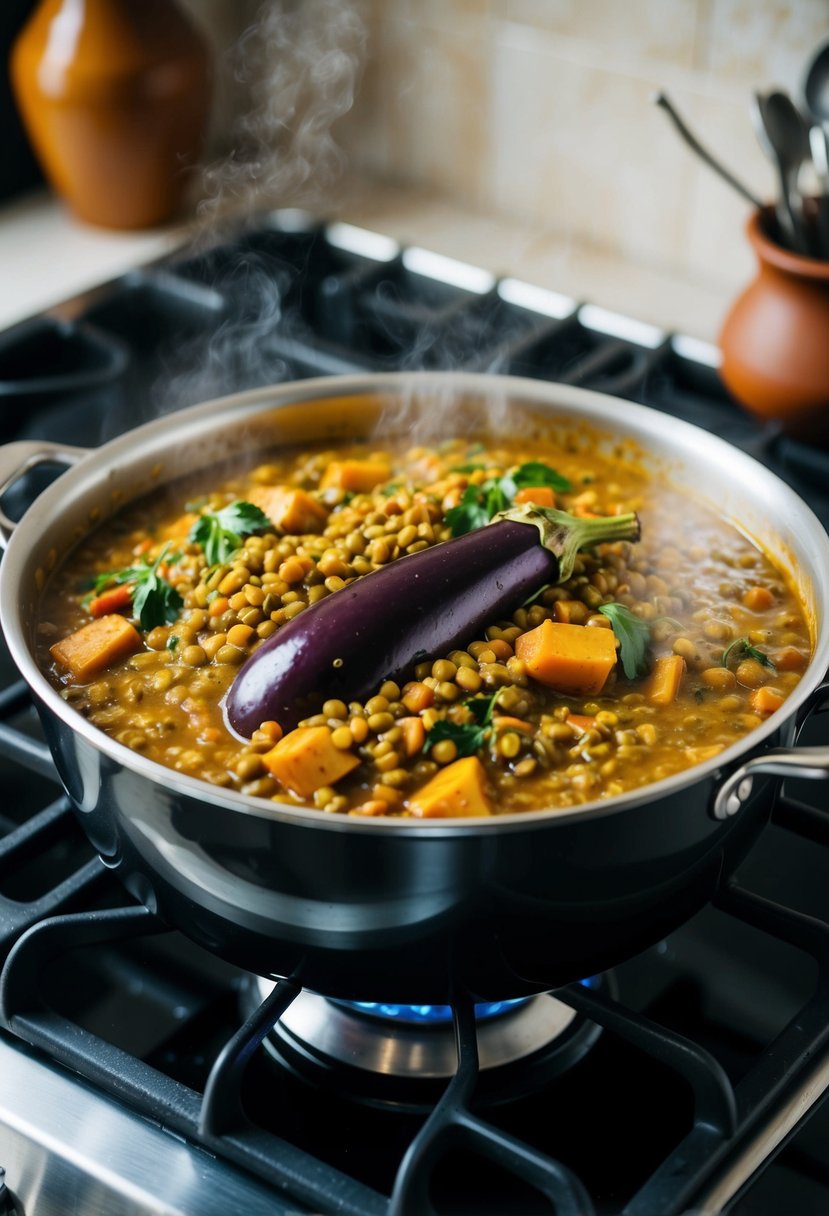 A bubbling pot of aubergine and lentil curry simmers on a stovetop, filling the kitchen with the aroma of rich spices and savory vegetables