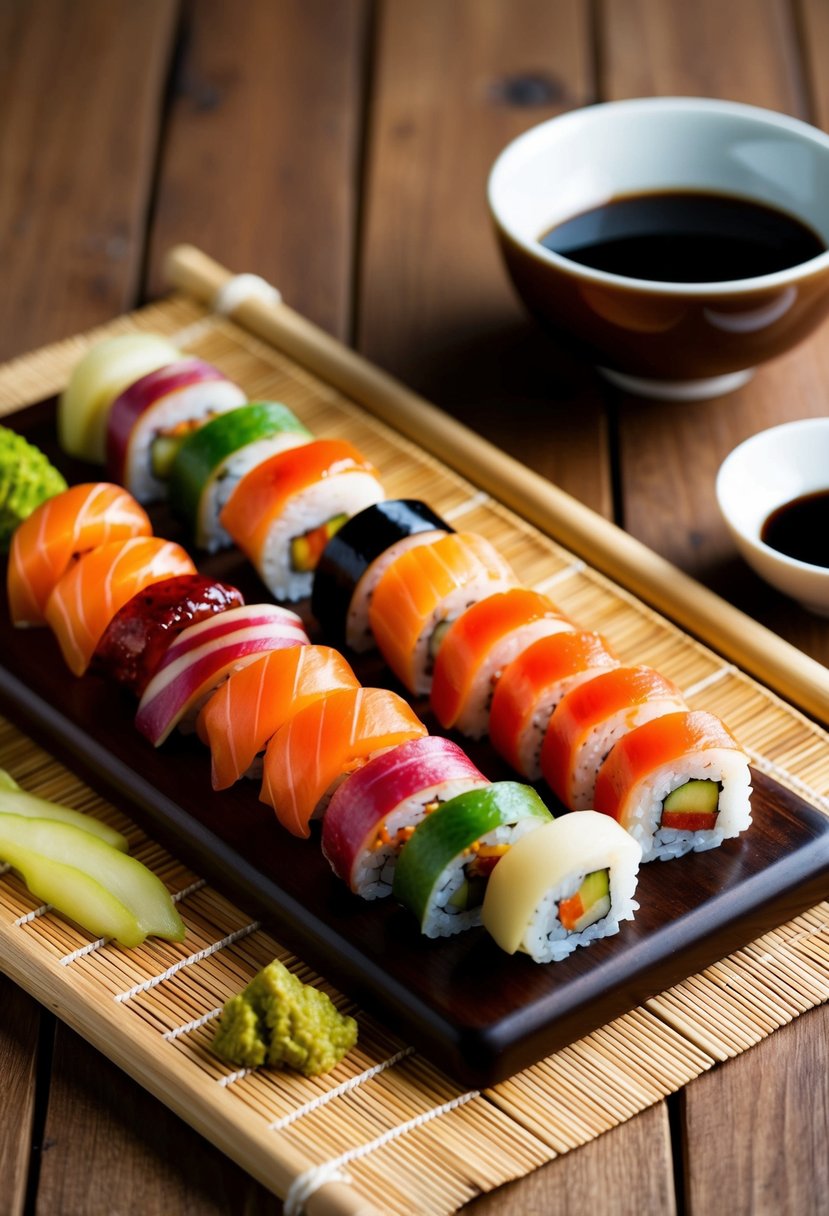 A wooden sushi board with assorted sushi rolls, pickled ginger, wasabi, and soy sauce arranged neatly on a bamboo mat