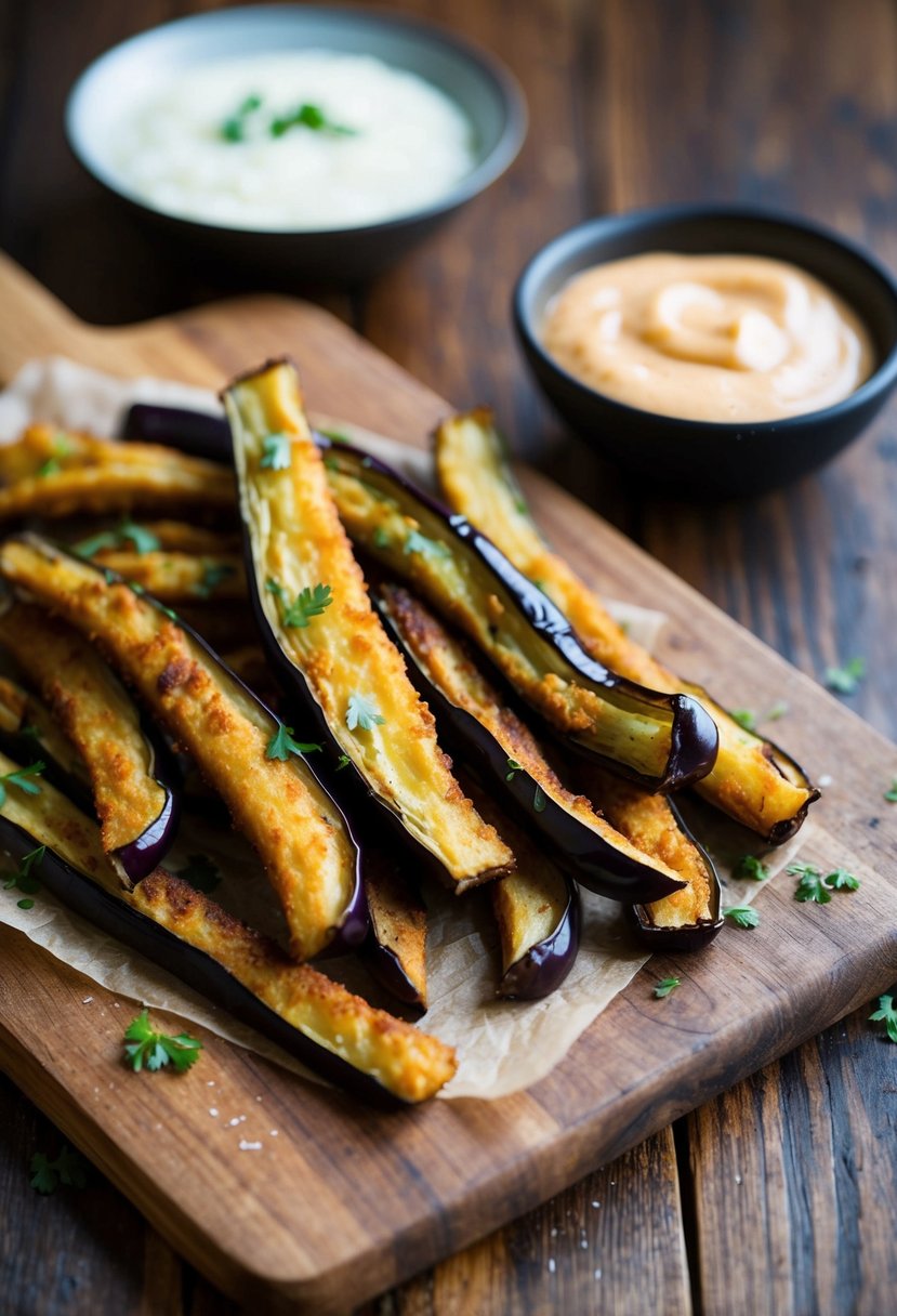 Freshly fried eggplant fries on a rustic wooden board with a side of dipping sauce