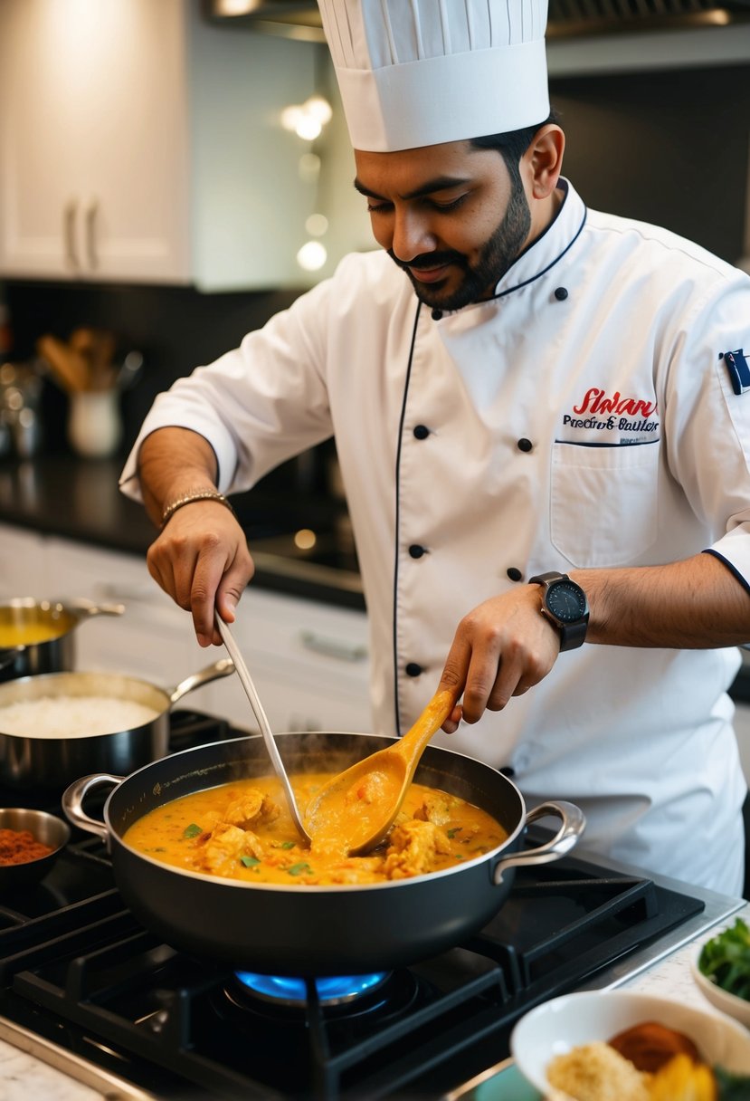 A chef stirring a pot of simmering Indian butter chicken on a stovetop. On the counter are various spices and ingredients