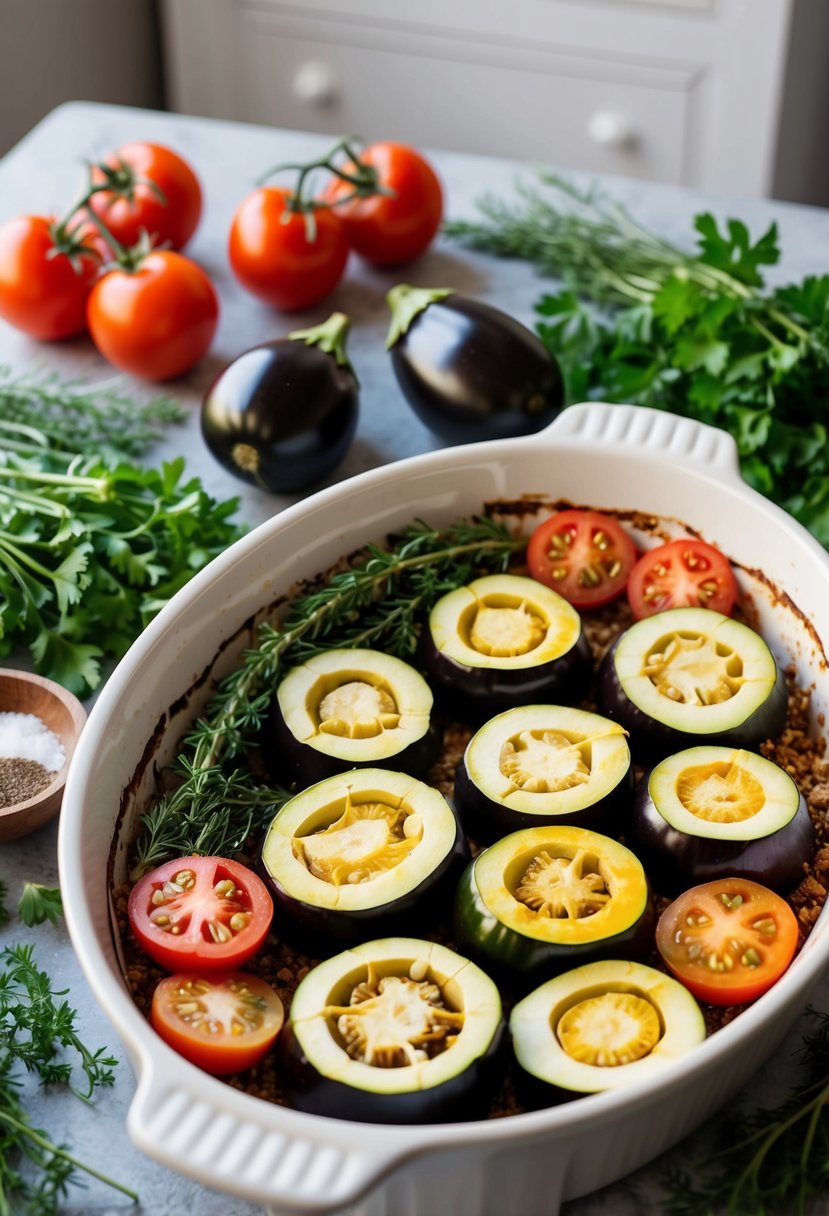 A table with a colorful array of sliced aubergines and tomatoes arranged in a baking dish, surrounded by fresh herbs and spices