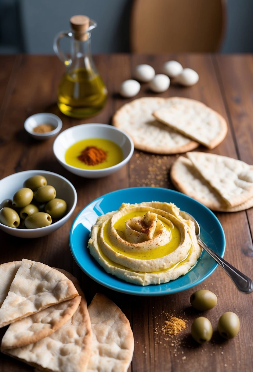 A table spread with pita, olives, and a bowl of creamy hummus, garnished with a drizzle of olive oil and a sprinkle of paprika