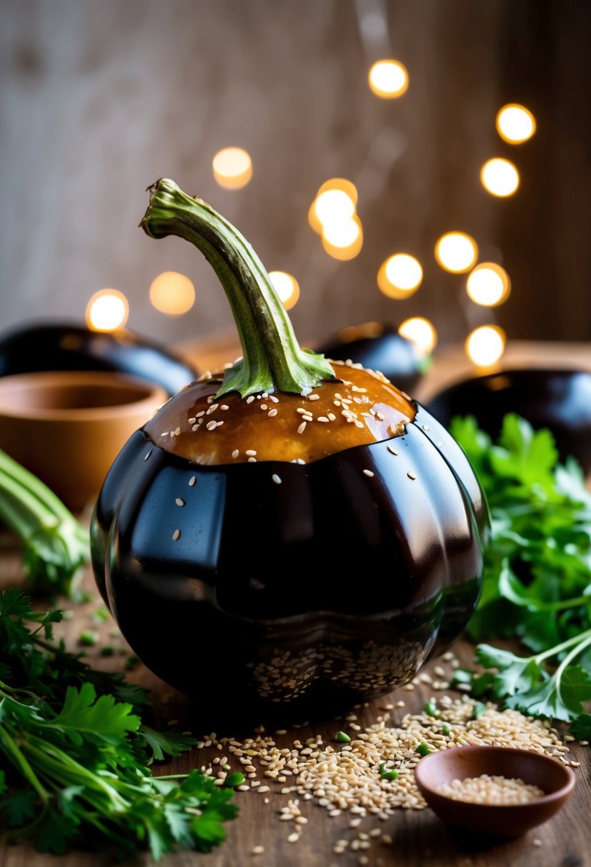 A whole aubergine coated in miso glaze, glistening under a warm light, surrounded by fresh herbs and sesame seeds