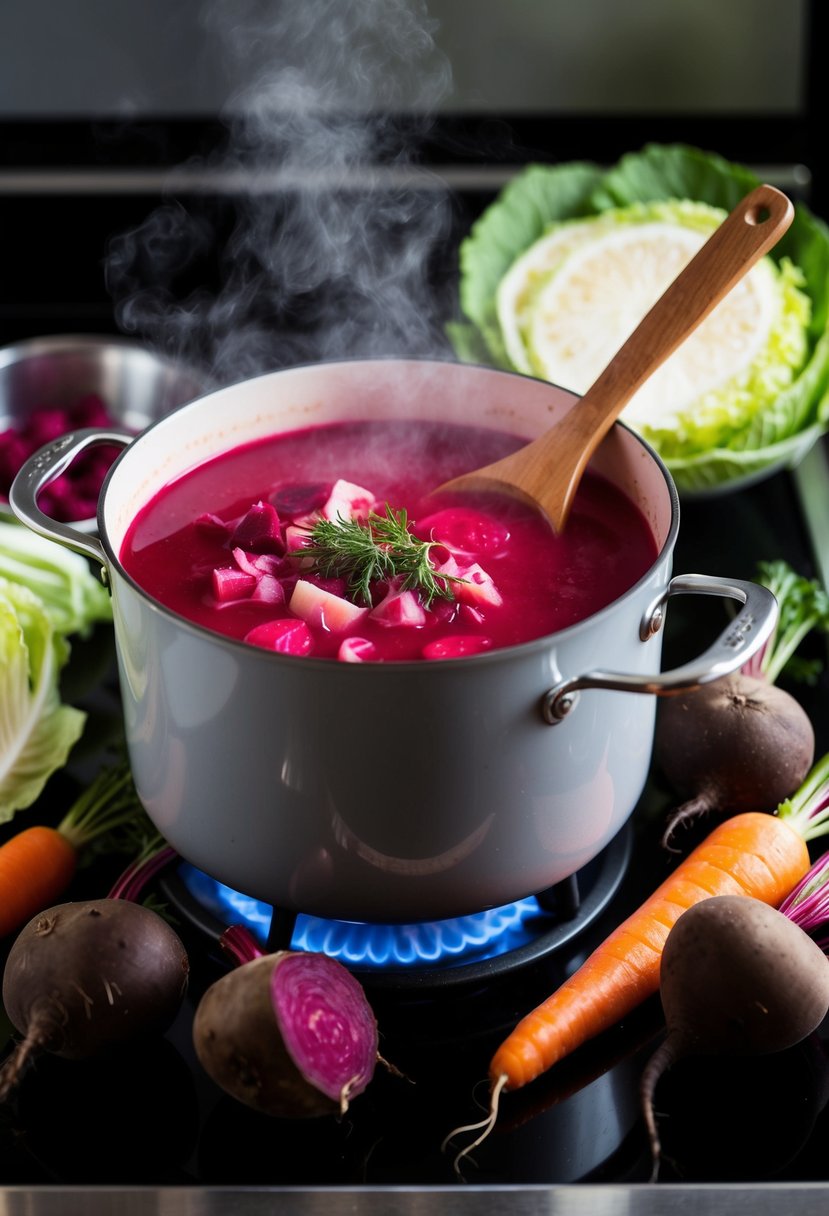 A steaming pot of borscht simmering on a stove, surrounded by fresh beets, carrots, and cabbage. A wooden spoon rests on the edge of the pot