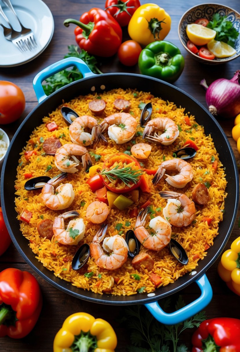 A large paella pan filled with sizzling rice, saffron, seafood, and chorizo, surrounded by colorful ingredients like peppers, onions, and tomatoes