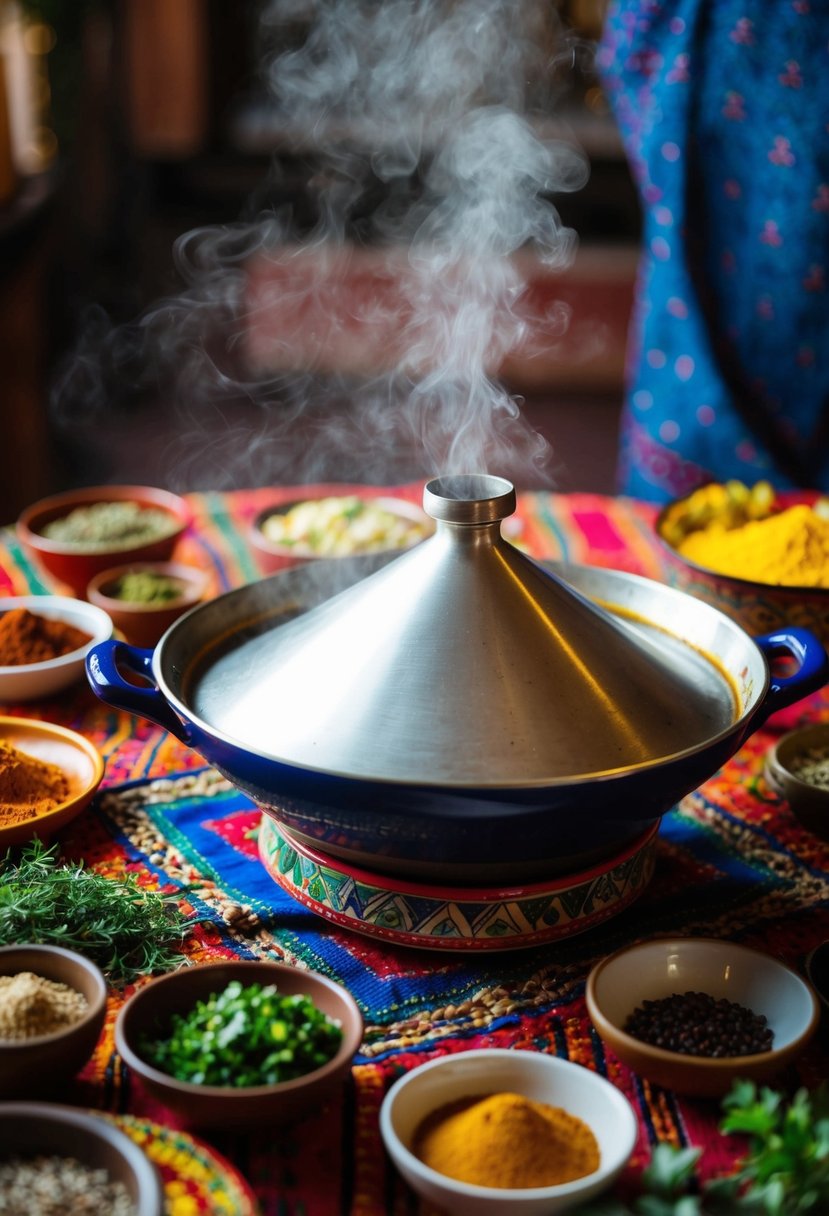 A steaming tagine sits on a colorful Moroccan table surrounded by spices, herbs, and ingredients. The aroma of traditional Moroccan cuisine fills the air