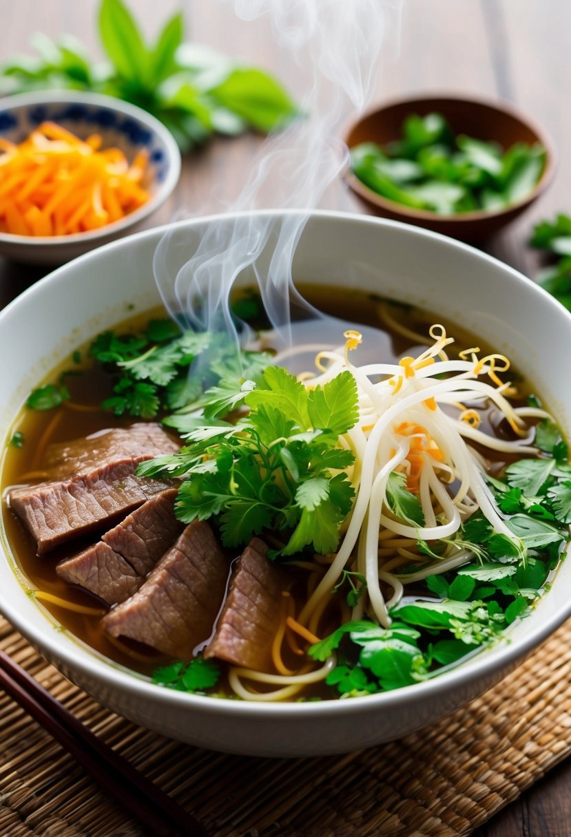 A steaming bowl of Vietnamese Pho with fresh herbs, bean sprouts, and slices of tender beef in a rich, aromatic broth