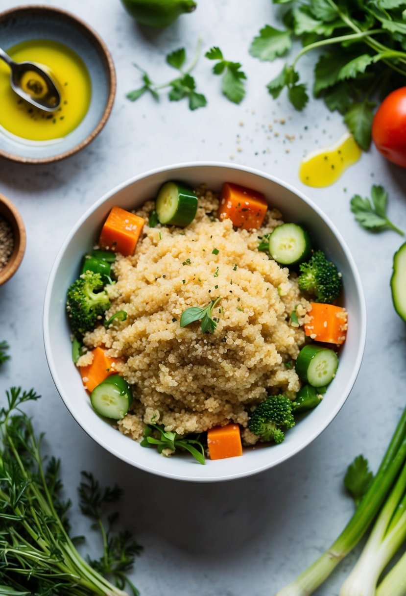 A bowl of cooked quinoa surrounded by an assortment of fresh vegetables and herbs, with a drizzle of olive oil and a sprinkle of seasoning