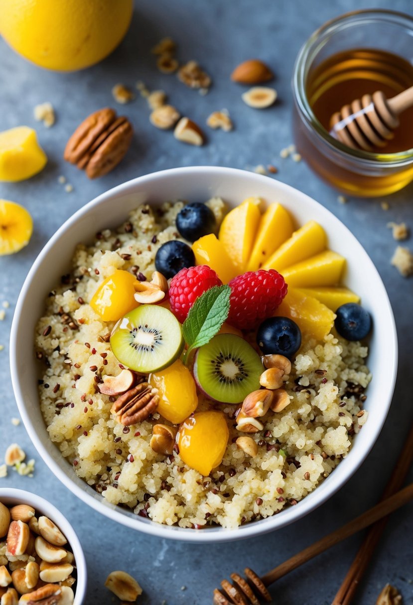 A colorful bowl filled with fluffy quinoa topped with fresh fruits, nuts, and a drizzle of honey, surrounded by scattered ingredients