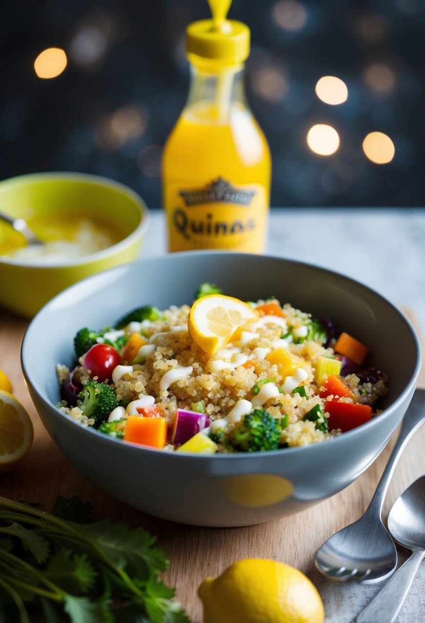 A bowl of quinoa salad with colorful vegetables and a drizzle of lemon vinaigrette