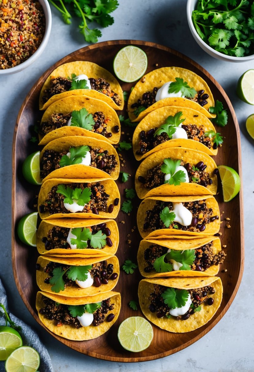 A colorful array of quinoa and black bean tacos arranged on a wooden serving platter, garnished with fresh cilantro and lime wedges