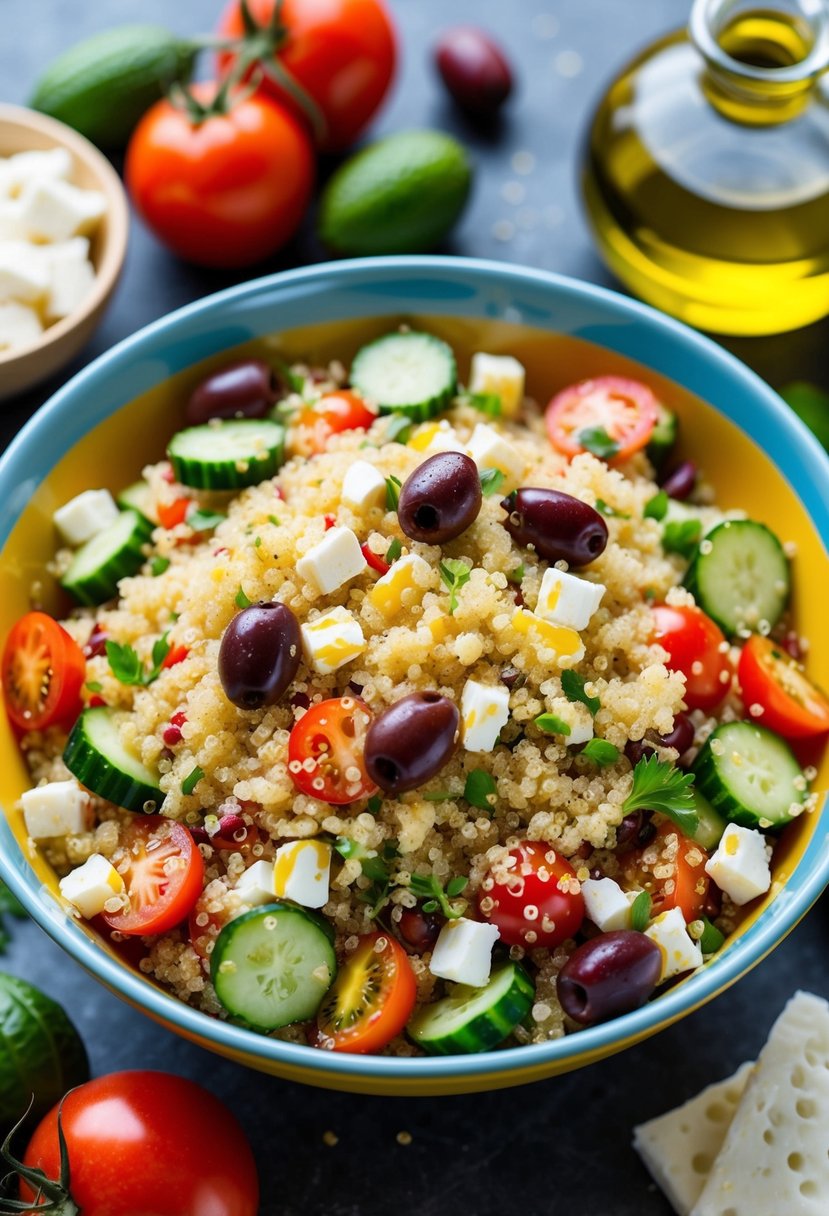 A colorful bowl of quinoa salad surrounded by fresh Mediterranean ingredients like tomatoes, cucumbers, olives, and feta cheese, with a drizzle of olive oil