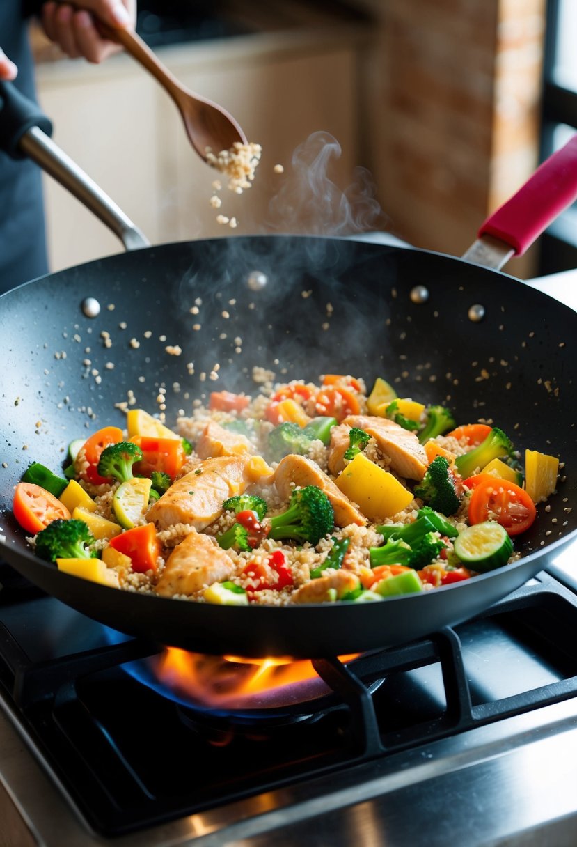 A sizzling wok with colorful vegetables, chicken, and quinoa stir-frying together over a hot flame