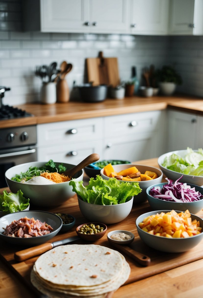 A kitchen counter with various ingredients and utensils for wrapping recipes, such as tortillas, lettuce, and fillings like vegetables and meats