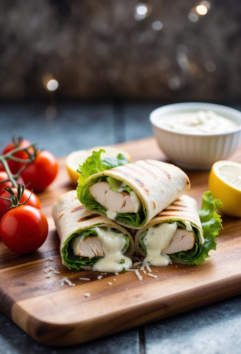 A grilled chicken caesar wrap with romaine lettuce, parmesan cheese, and creamy dressing, served on a wooden cutting board with a side of cherry tomatoes and a lemon wedge