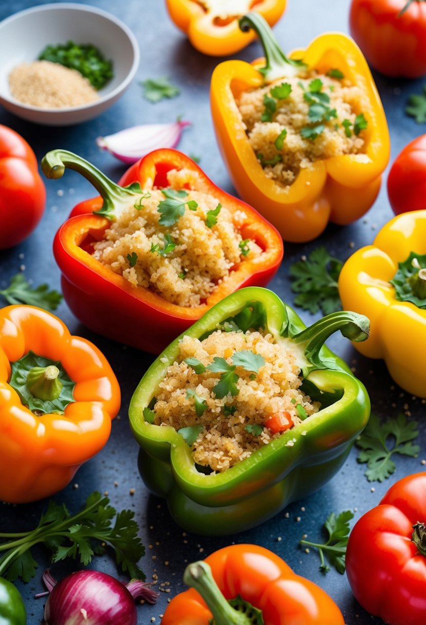 A colorful array of bell peppers, sliced open and filled with fluffy quinoa, surrounded by scattered ingredients like tomatoes, onions, and fresh herbs