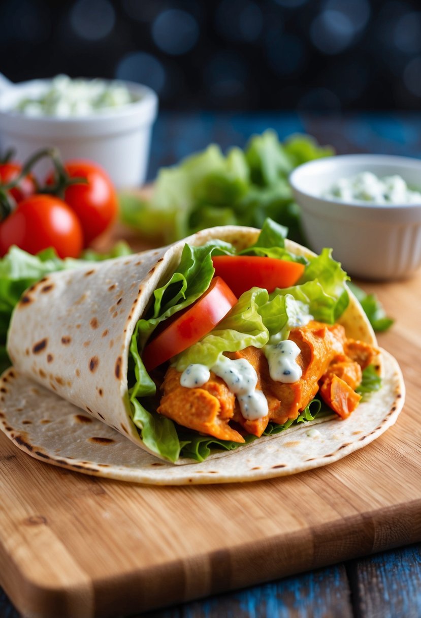 A buffalo chicken wrap with lettuce, tomatoes, and blue cheese dressing on a flour tortilla, served on a wooden cutting board