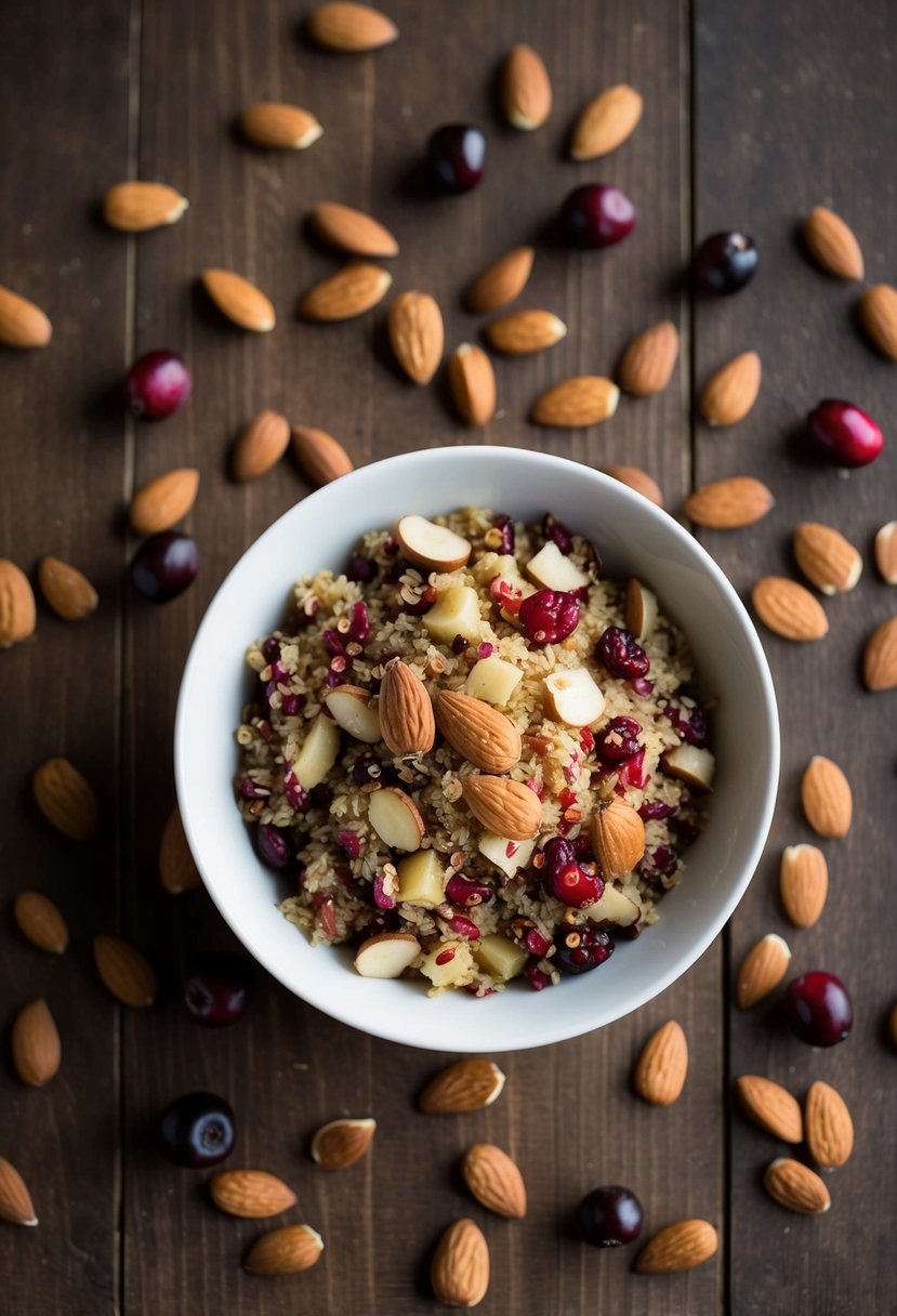 A bowl of Cranberry Almond Quinoa Pilaf surrounded by scattered almonds and cranberries