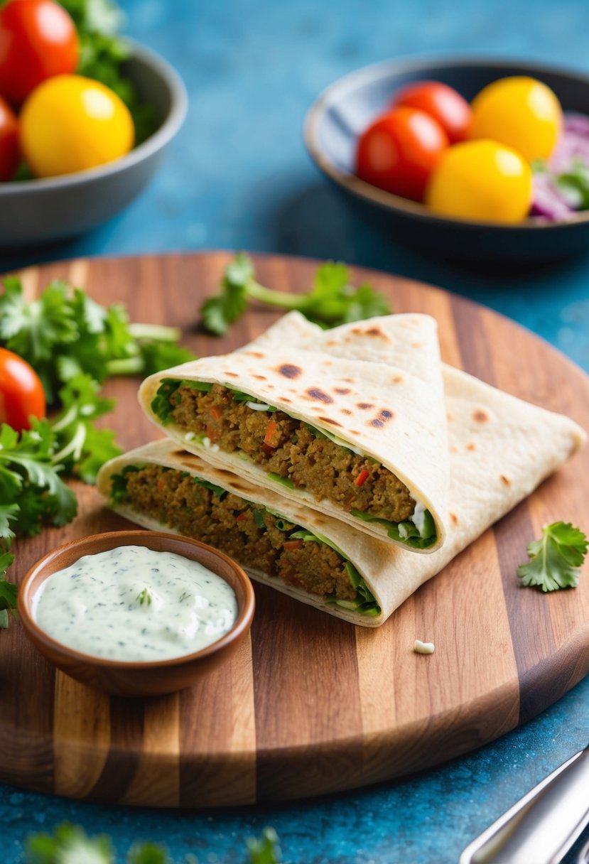 A falafel wrap with tzatziki sauce is being prepared with fresh ingredients and vibrant colors on a wooden cutting board