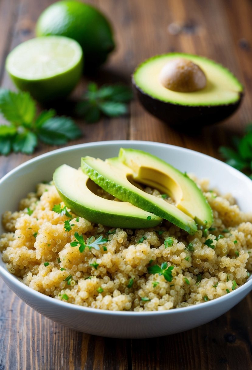 A bowl of honey lime quinoa topped with sliced avocado and garnished with fresh herbs on a wooden table