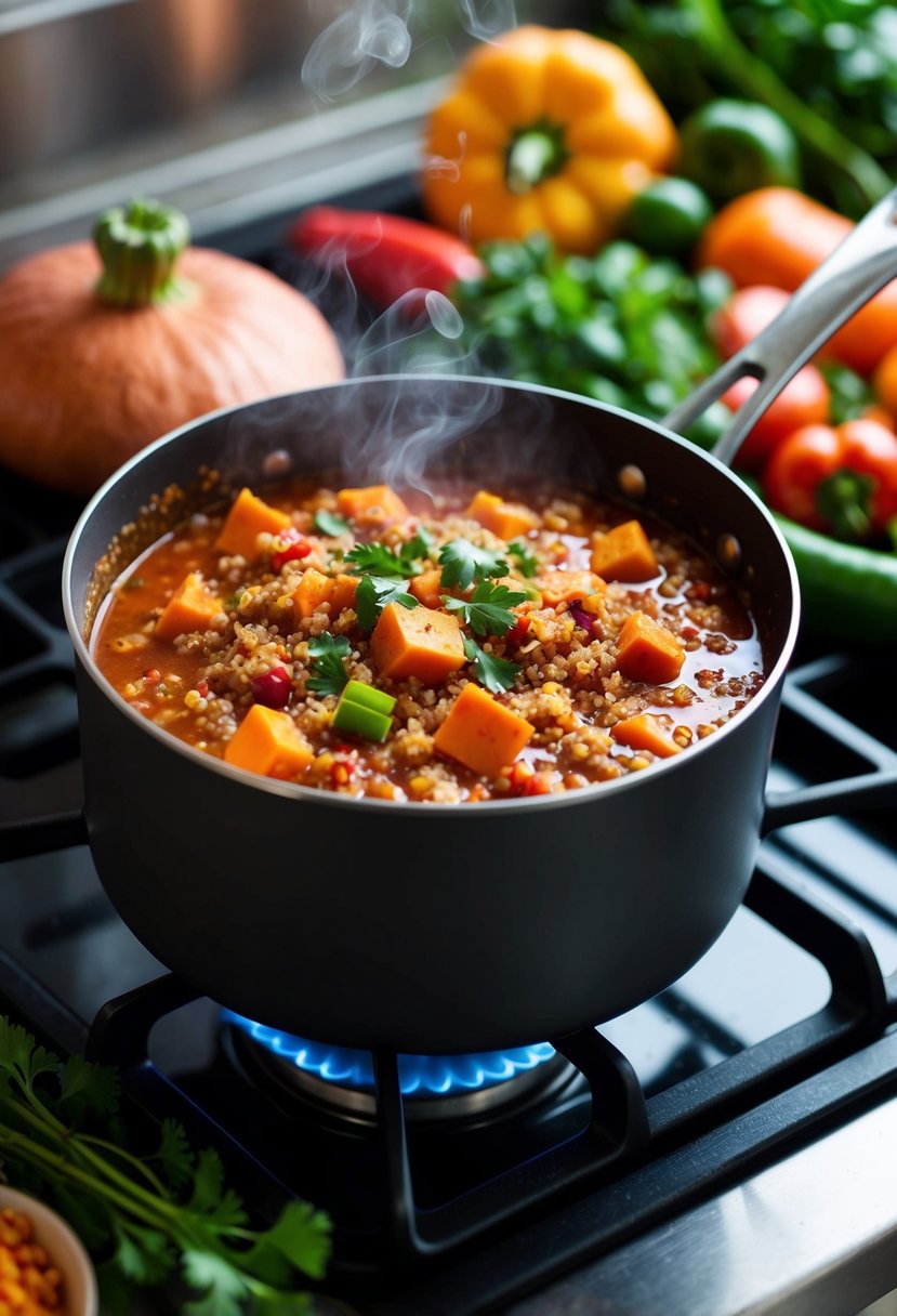 A steaming pot of quinoa and sweet potato chili simmering on a stovetop, surrounded by colorful vegetables and herbs