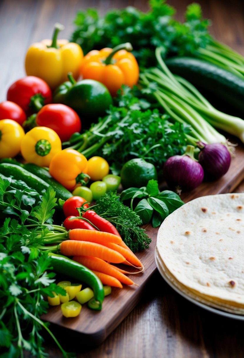 A colorful array of fresh vegetables and herbs arranged on a wooden cutting board, with a tortilla wrap nearby